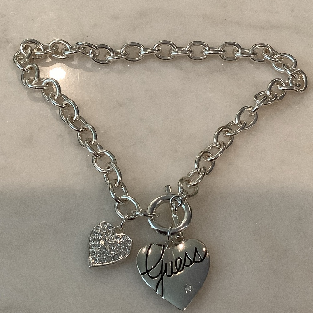 Guess Silver Chain Bracelet with Heart and Pavé Charms, Brand New